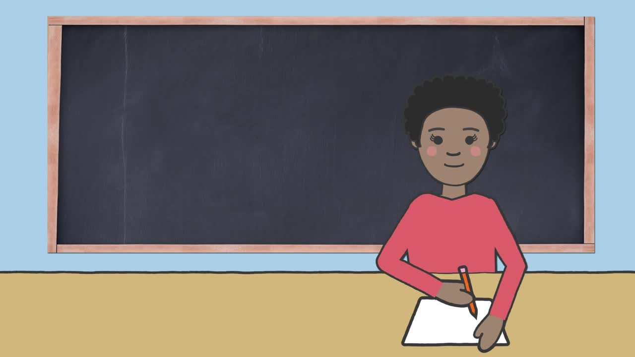 黑板上的目标文字动画和学生在蓝色背景上的书写视频下载