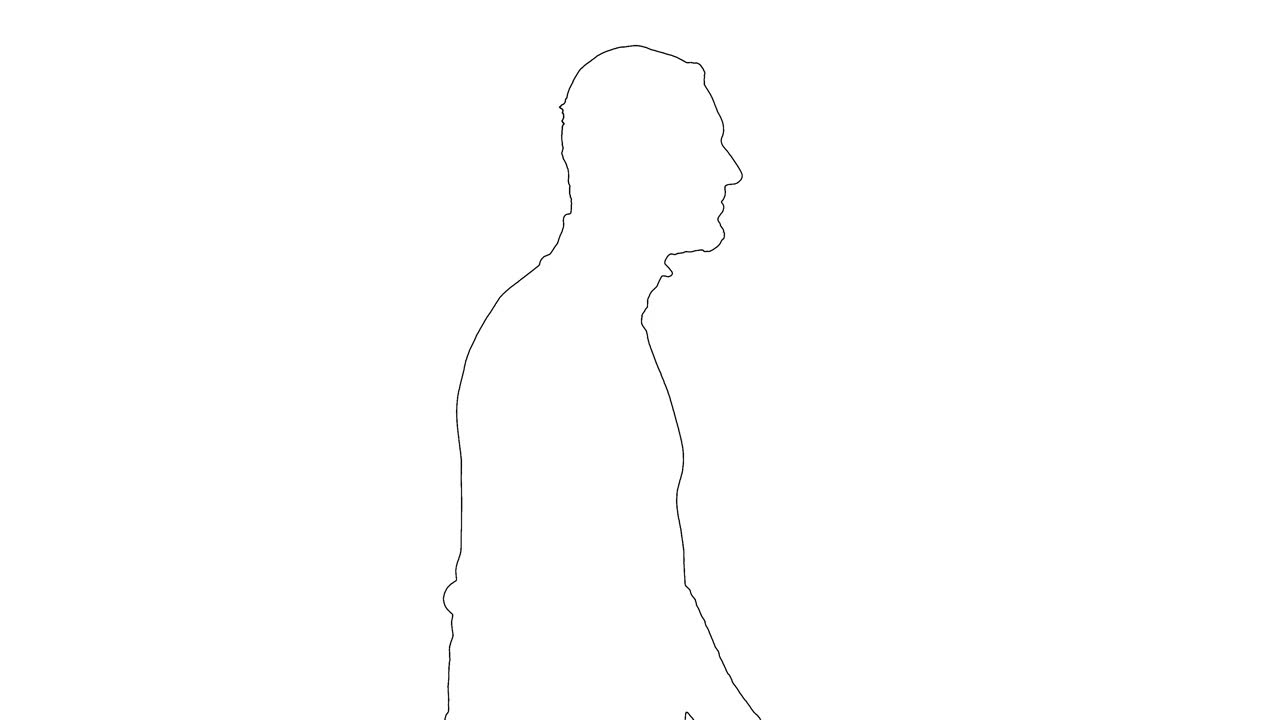 轮廓素描人像摄影师的步骤与相机在他的肩膀上孤立的白色背景。轮廓。侧视图视频下载