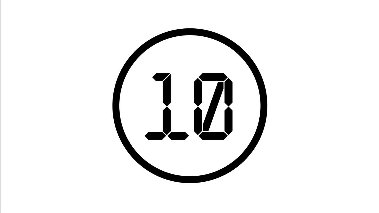 电子倒数计时器在黑色圆圈为10秒的白色背景。视频下载