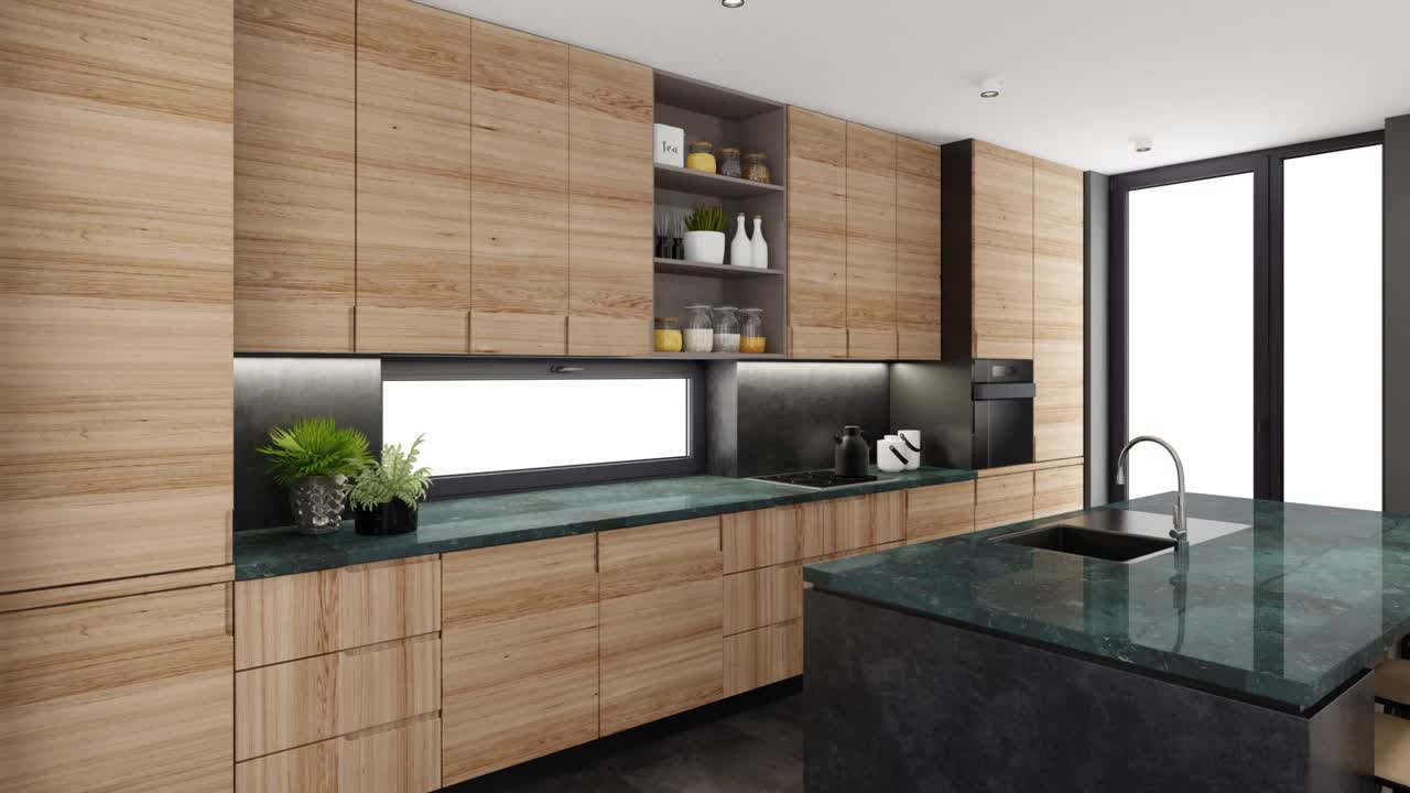 豪华厨房和岛桌。4-style厨房设计。白色背景。视频下载