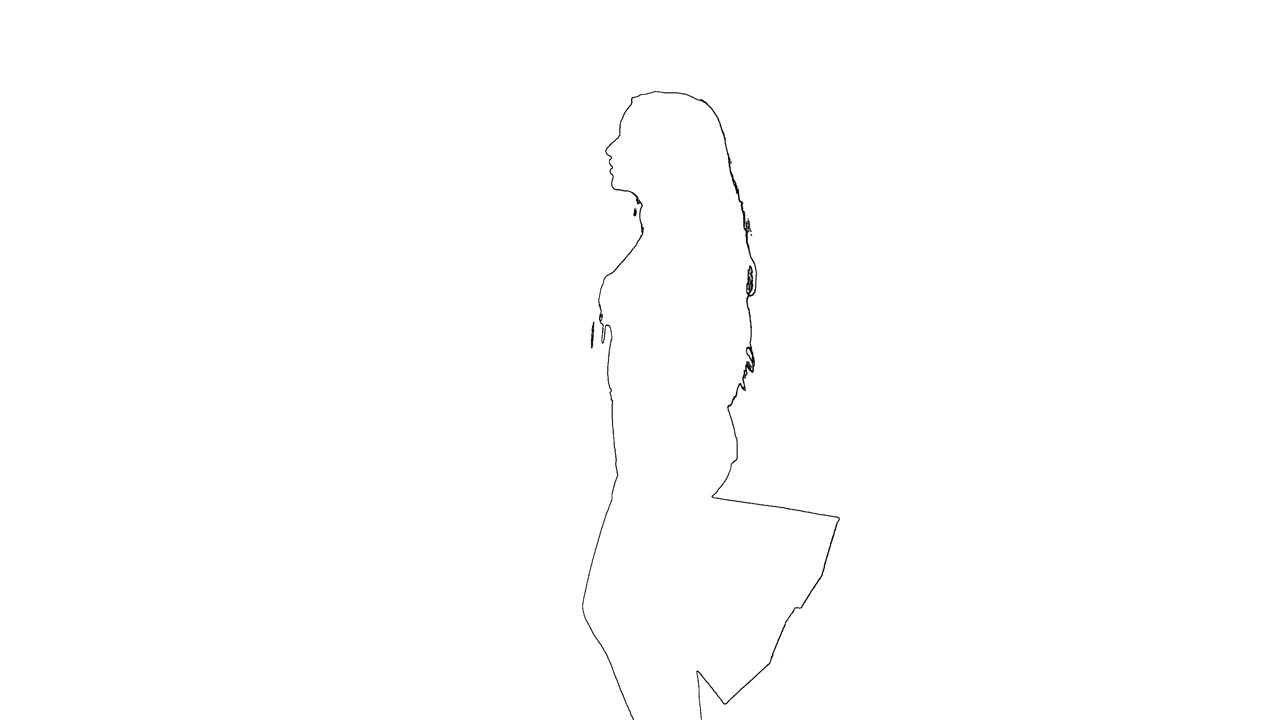 时尚女孩长头发走路的轮廓素描。女性购物者与包装孤立在白色背景。侧视图视频下载