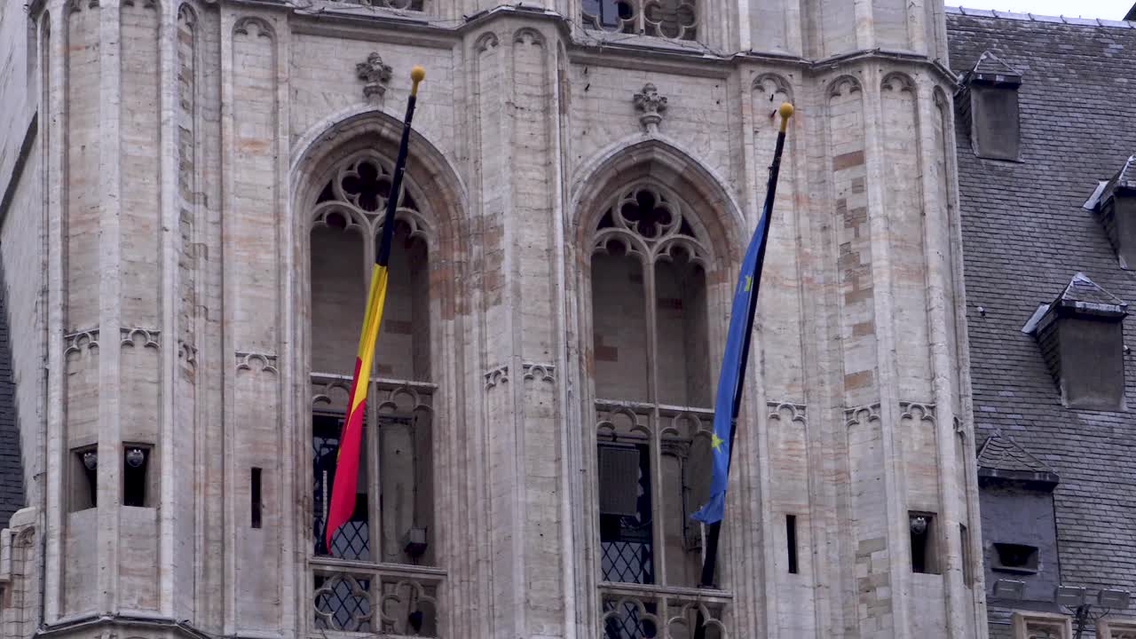 比利时和欧盟的旗帜迎风飘扬视频下载