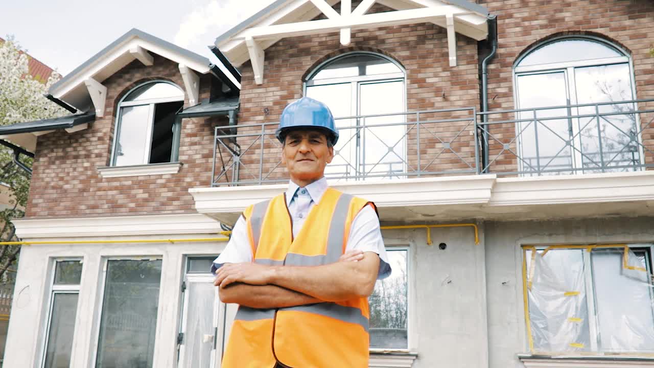 可爱的印度亚洲建筑工人头戴安全帽，穿着背心，双臂交叉站着视频下载