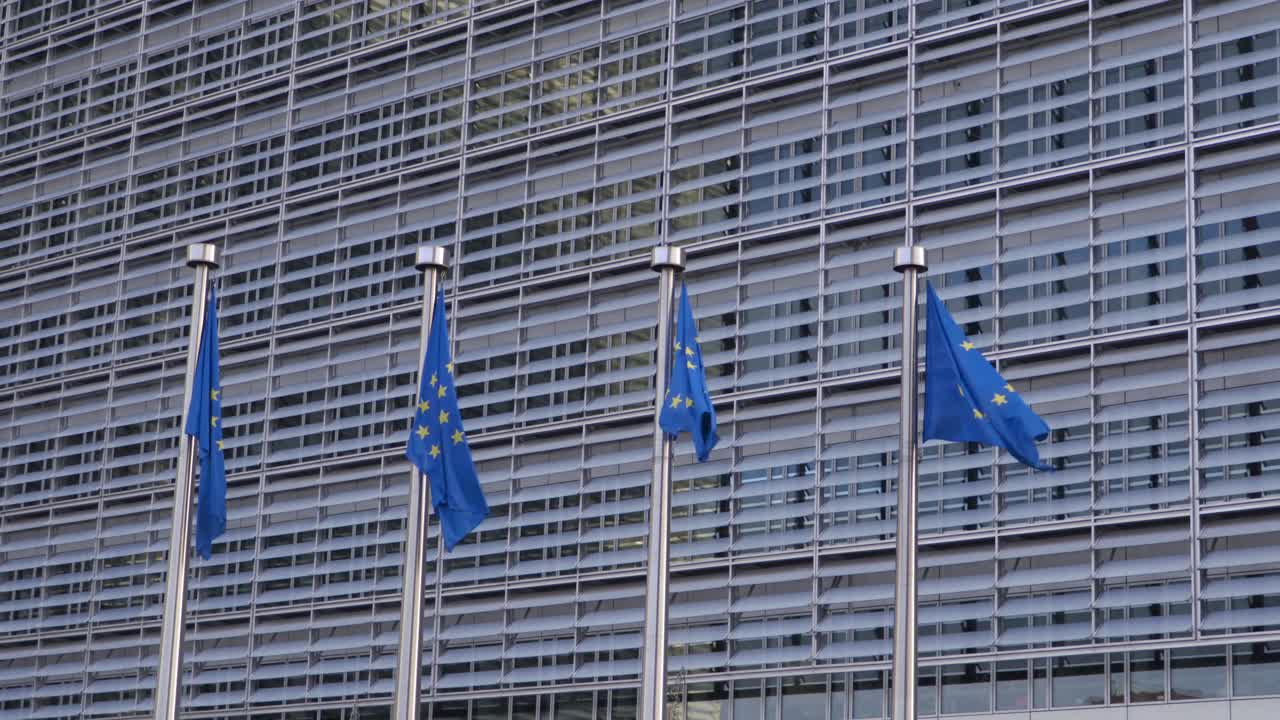 Berlaymont大楼前飘扬的旗帜视频下载