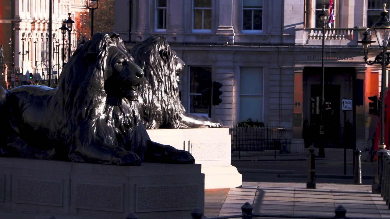 一辆双层公共汽车经过特拉法加广场的狮子群视频下载