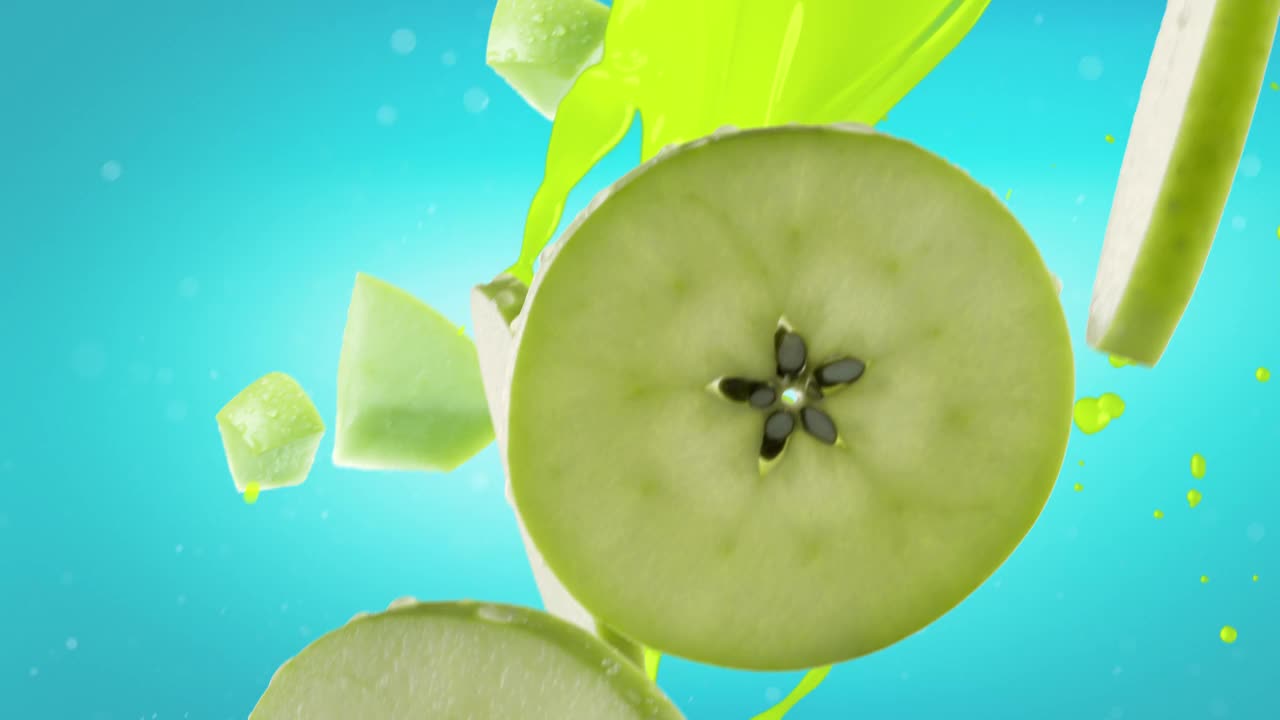 绿苹果与片落在冰蓝色的背景视频下载