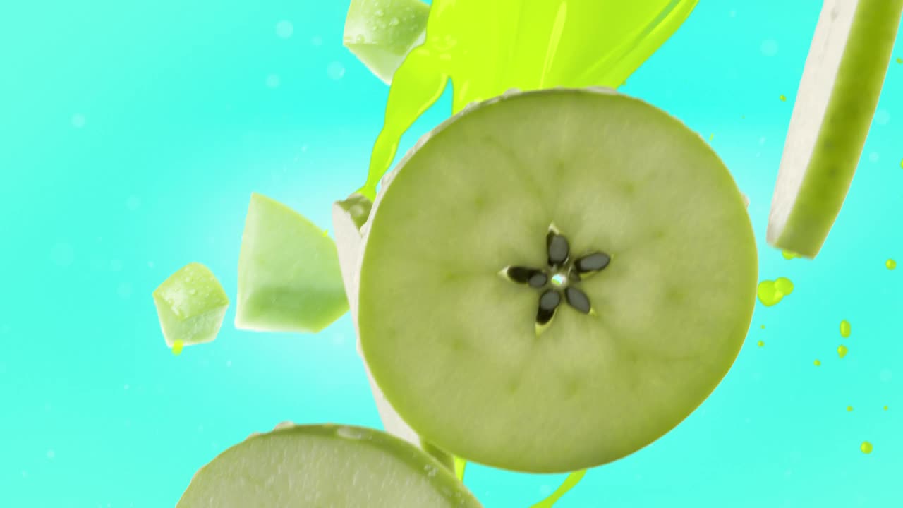 绿苹果与片落在绿松石背景视频下载