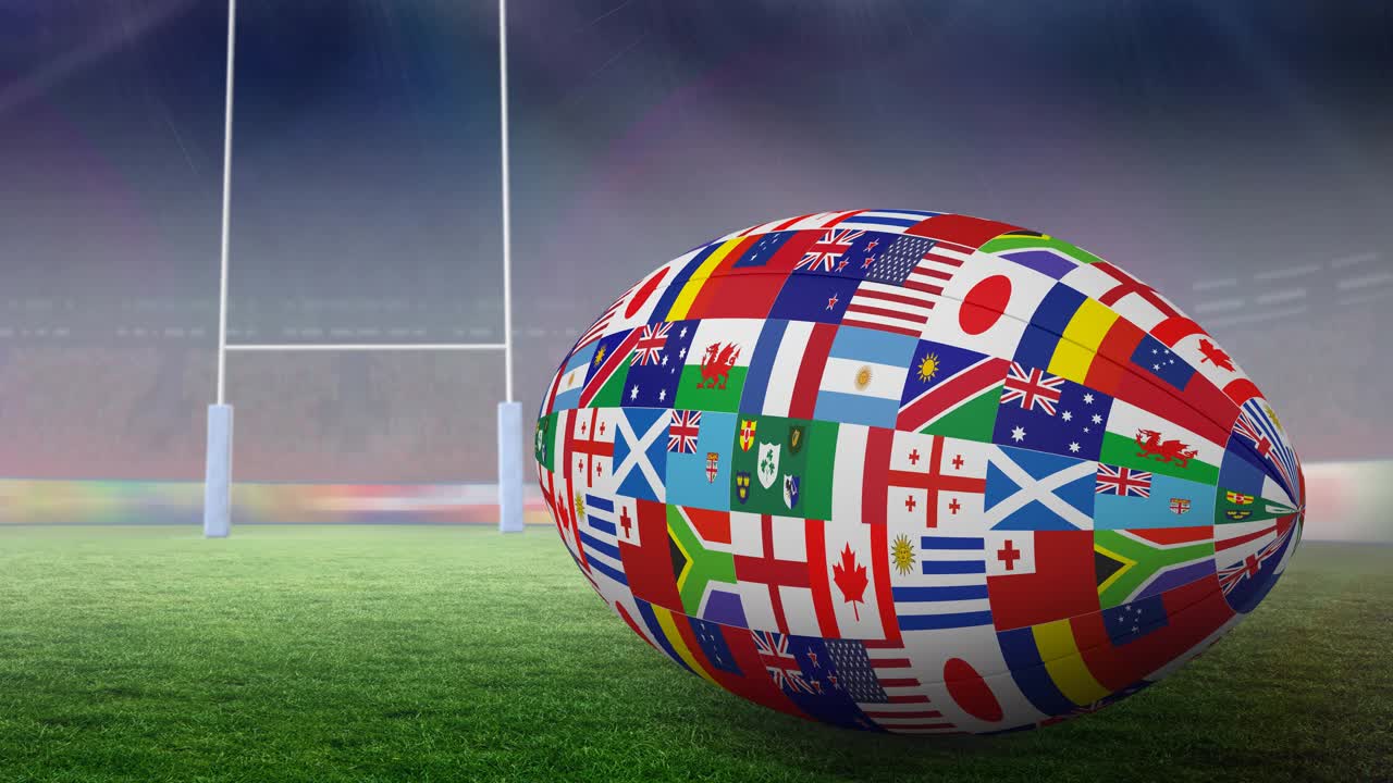 在体育场的球场上，橄榄球和国旗的空看台的动画视频下载