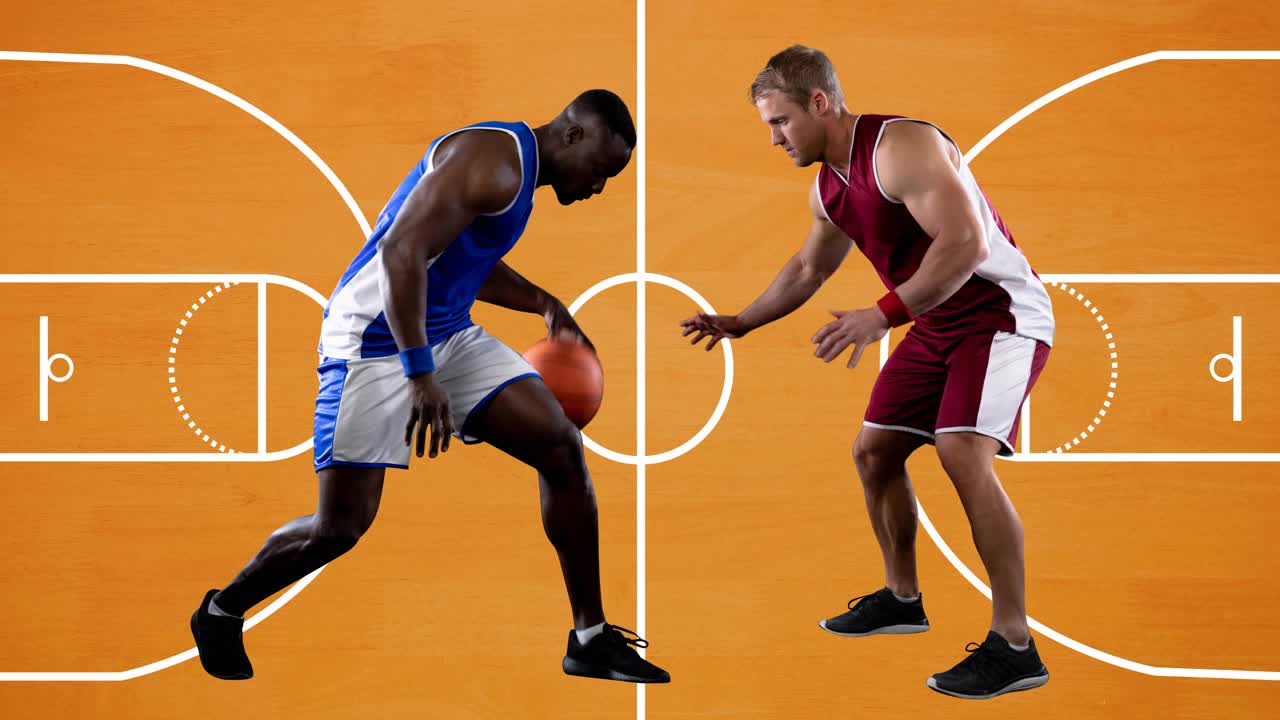 篮球运动员的动画与篮球场上的球的背景视频下载
