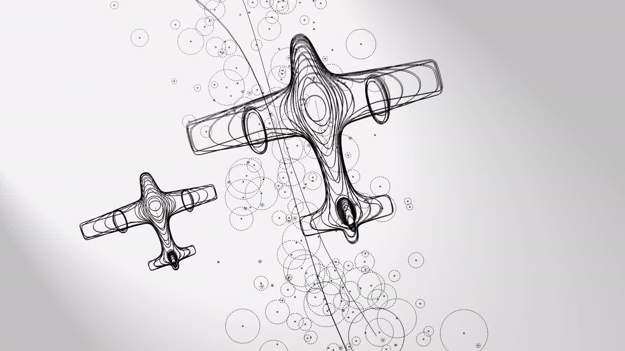 3d动画，两个平面，白色背景上有圆形或粒子流(线条艺术)视频下载
