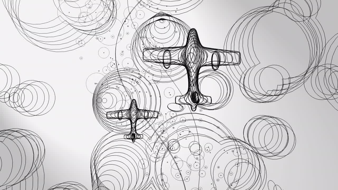 3d动画，两个平面飞行在许多圆与颗粒流，并在白色背景(线艺术)线艺术)视频下载
