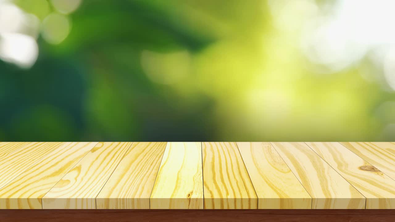 木制的桌面与抽象的自然模糊的散景背景视频下载