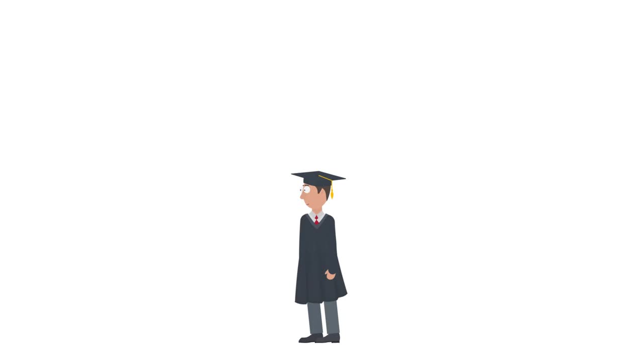 学士学位。一个学生抛帽子的动画。卡通视频下载