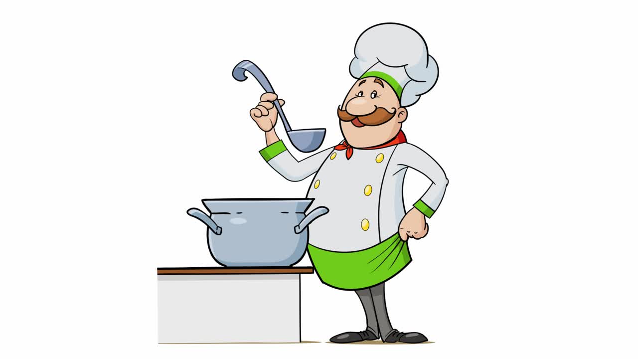 Сook用平底锅煮食物。卡通人物动画。视频下载