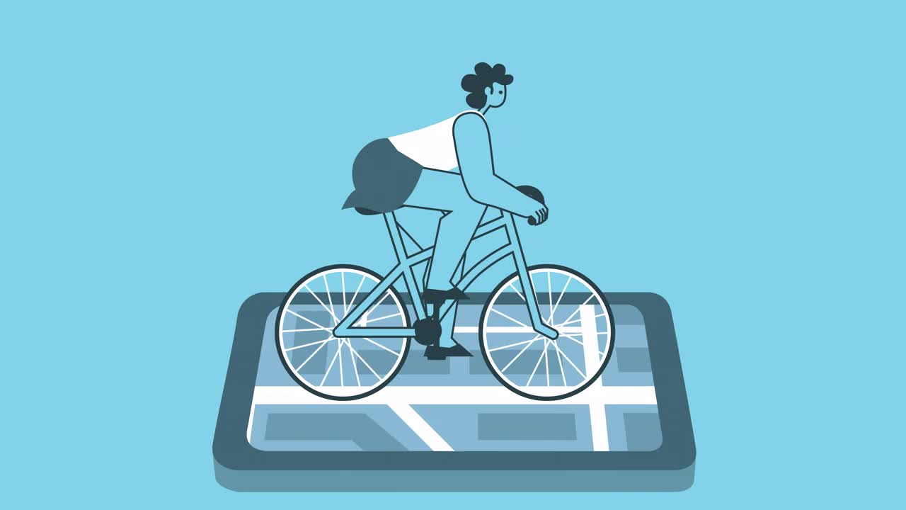 使用GPS智能手机地图骑自行车。平面设计女性卡通人物独立循环2d动画视频下载