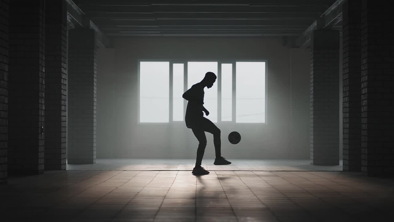 黑人自由式足球在阳光下。职业足球运动员在地下停车场耍杂耍球视频下载
