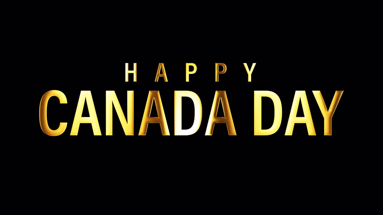 快乐加拿大日金色文字与金色灯光闪烁循环动画。4K 3D无缝循环Happy Canada Day隔离使用QuickTime Alpha通道ProRes 4444效果元素在VDO上合成。视频下载
