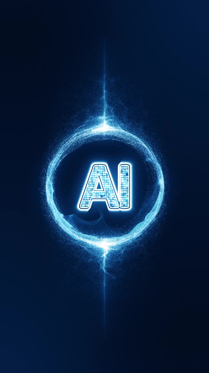 运动图形的蓝色数字AI字未来技术图标与蓝色能量粒子球抽象背景无缝循环垂直视频视频下载