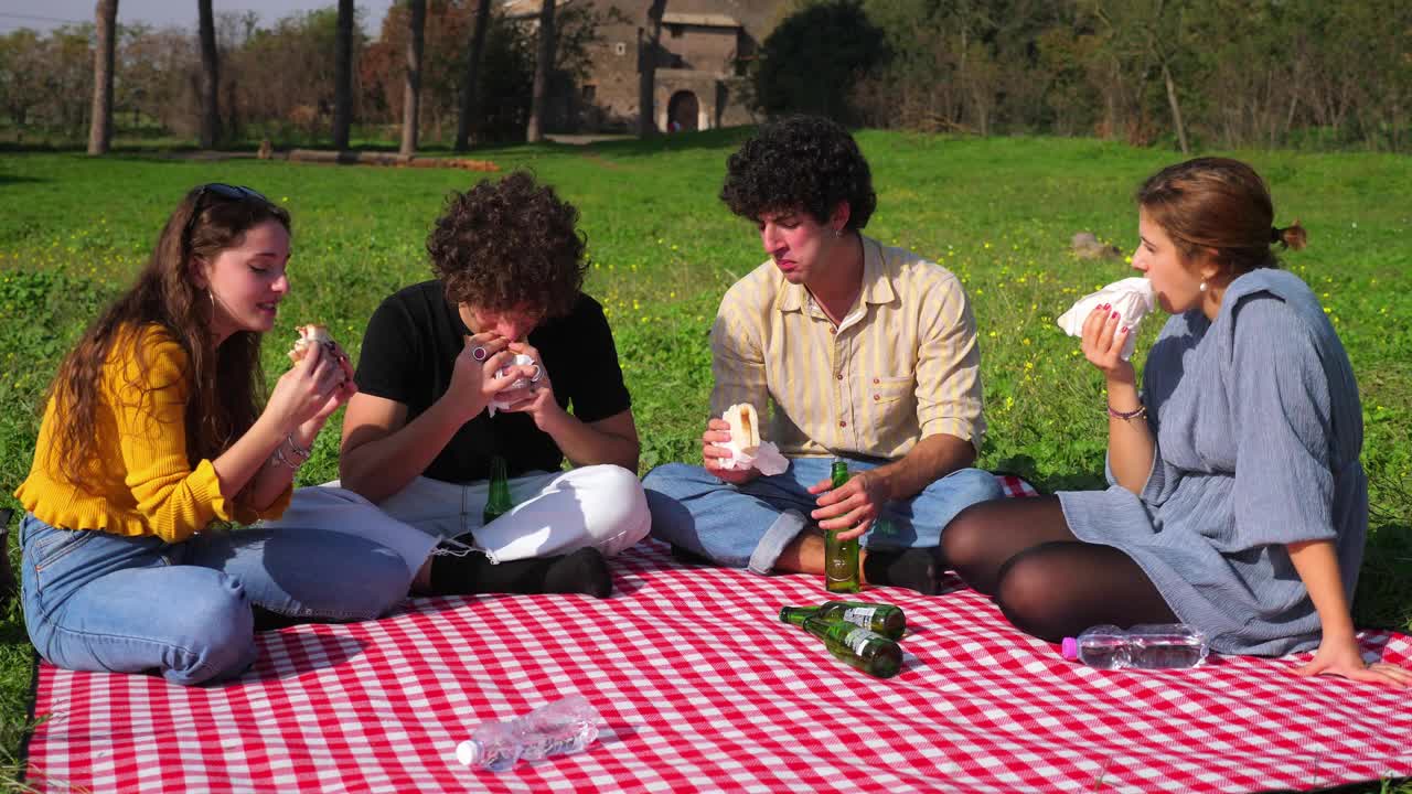 一群朋友在公园里聊了一天，吃着三明治视频下载