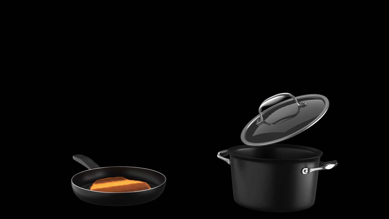 在孤立的黑色背景上，火在煎锅和炖锅中燃烧。视频下载