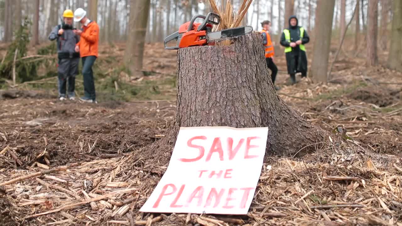 电锯立在树桩上。这是下一张拯救地球的海报。视频下载