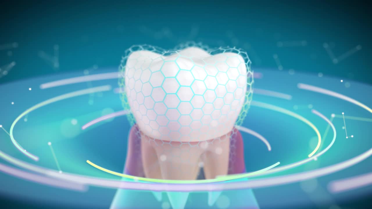 在一个概念空间中展示了一颗有牙龈的牙齿，被一个看不见的六边形网格保护着。视频下载