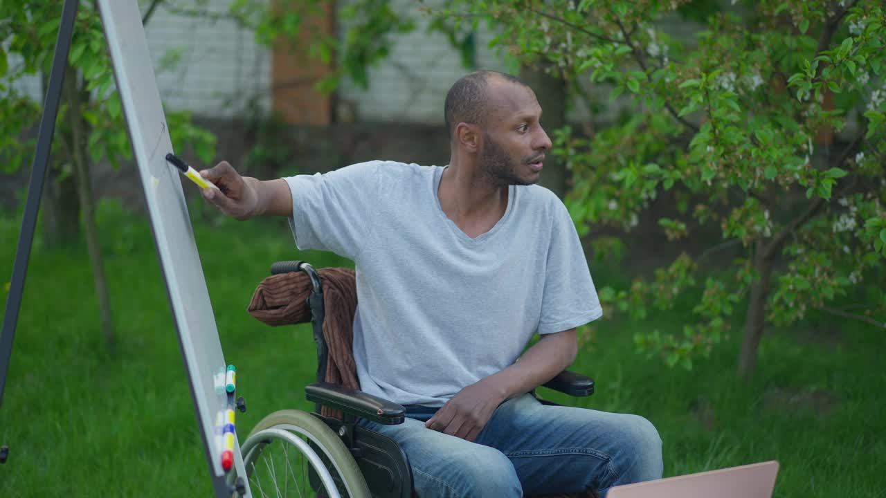 中镜头肖像的动力自信的残疾人指着白板谈话坐在轮椅上的后院。严肃的非裔美国人专家在家工作。的信心。视频下载