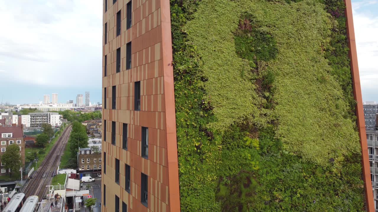 伦敦，霍默顿，哈克尼，Digby路100%经济实惠住宅开发的一侧充满活力的绿色生活墙，从高角度看。视频下载