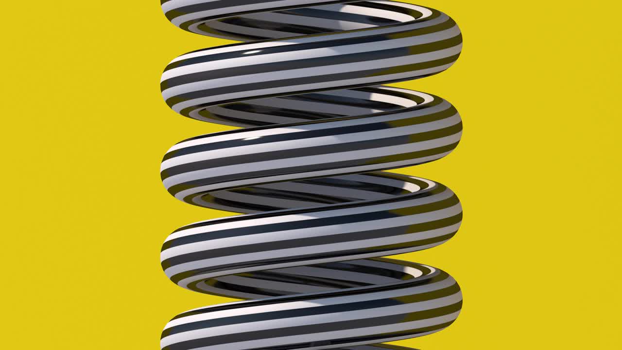黑白条纹螺旋形和白色光泽环。黄色背景。抽象动画，3d渲染。视频下载