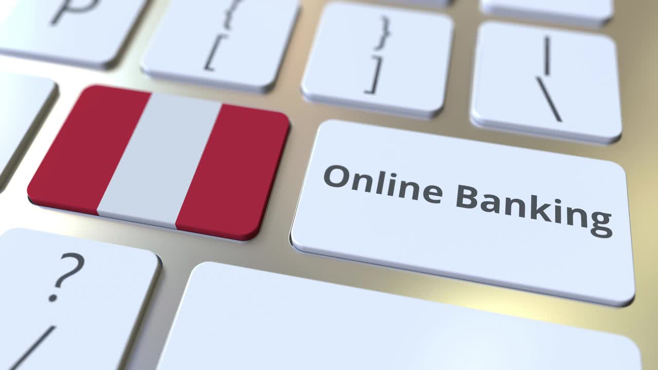网上银行文本和键盘上的秘鲁国旗。互联网金融相关概念3D动画视频下载