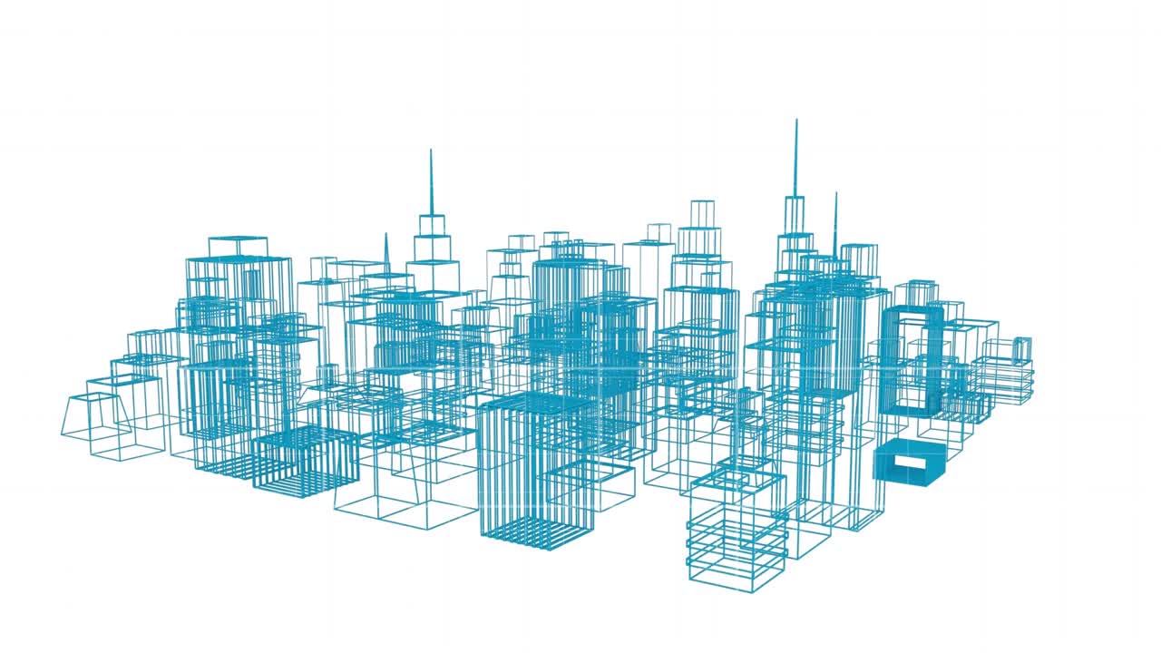 三维建筑城市绘图动画，用蓝线纺丝处理视频下载
