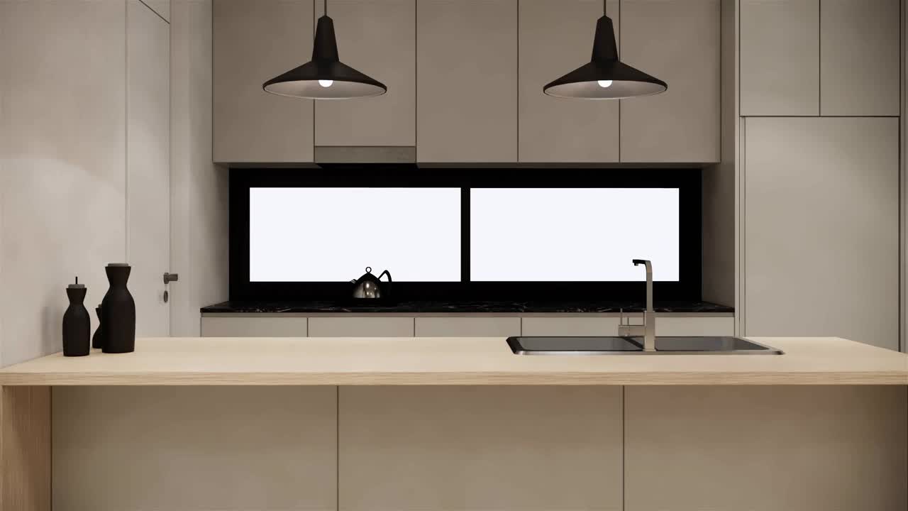 现代斯堪的纳维亚风格的厨房内部与厨房柜台。白色的公寓设计。缩小照片视频下载