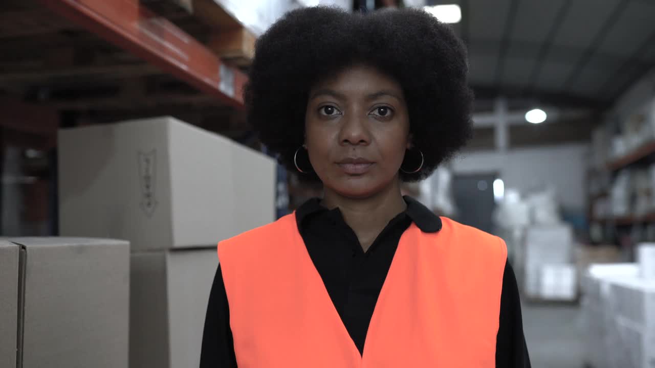 一个自信的女仓库工人的肖像视频素材