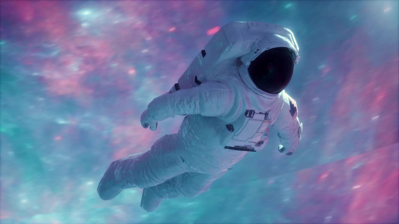 宇航员在太空漩涡隧道循环三维动画。霓虹空间逆波背景视频下载