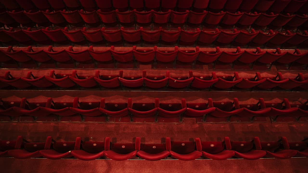 在冠状病毒期间，从上面看到的空剧院和剧院座位，封闭的商业理念影响视频下载