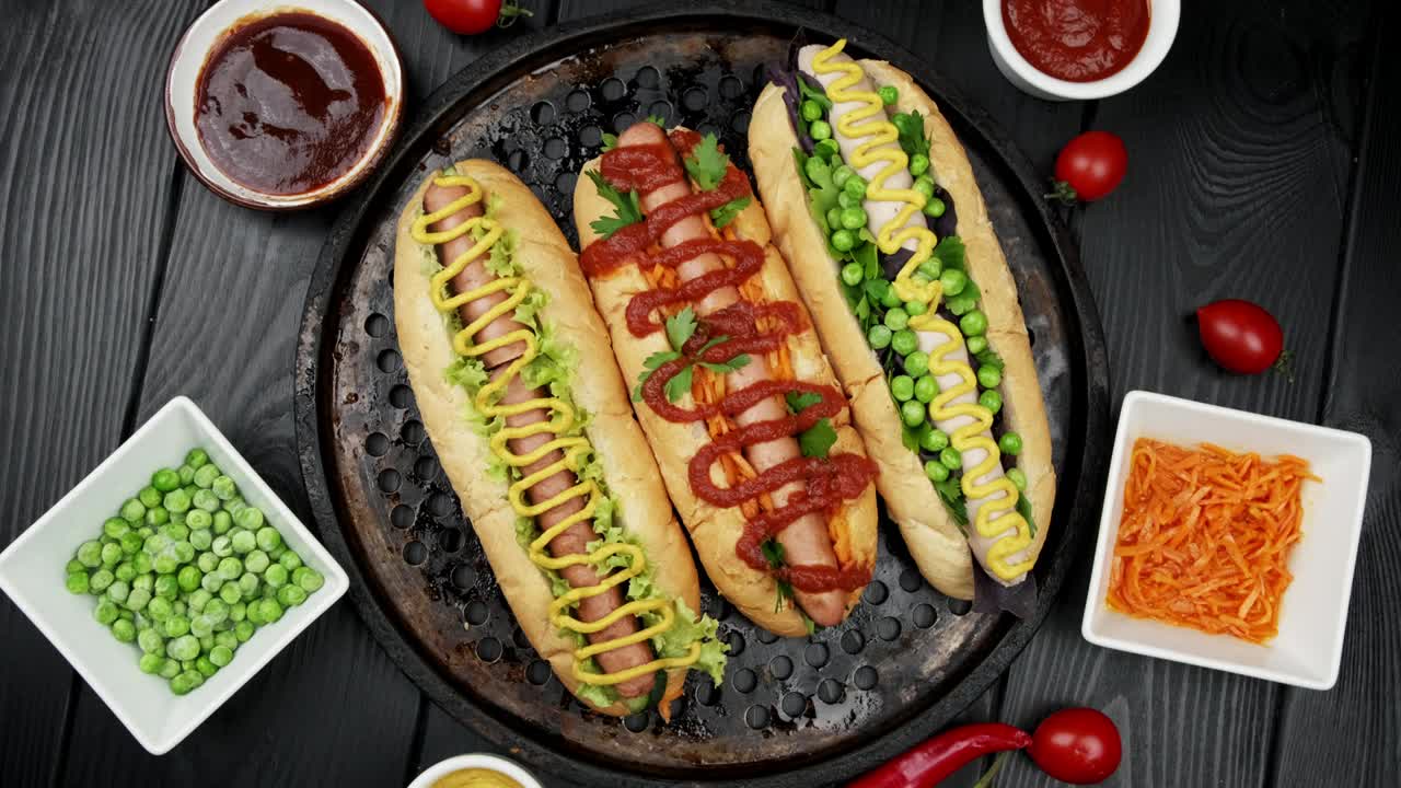 素食热狗搭配西红柿、牛油果、洋葱和面包。俯视图，平放视频下载