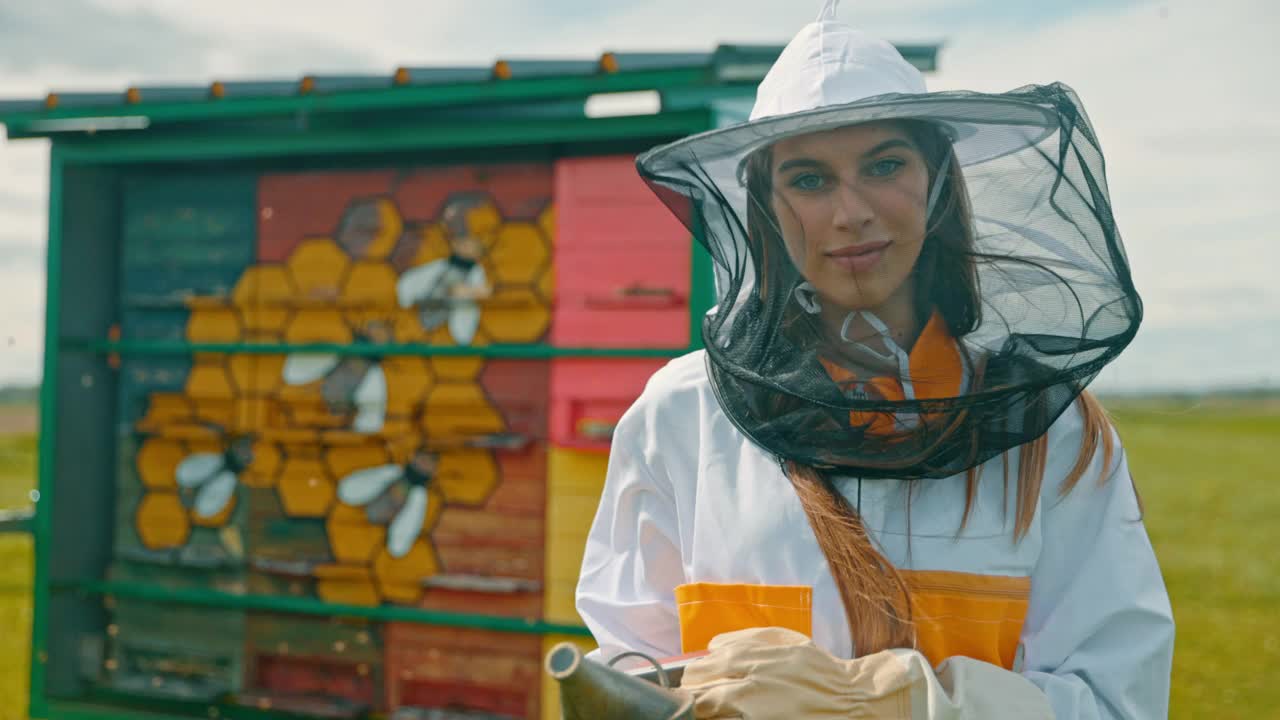 雌性养蜂人穿着保护性工作服，带着飞舞的蜜蜂在蜂箱前视频下载