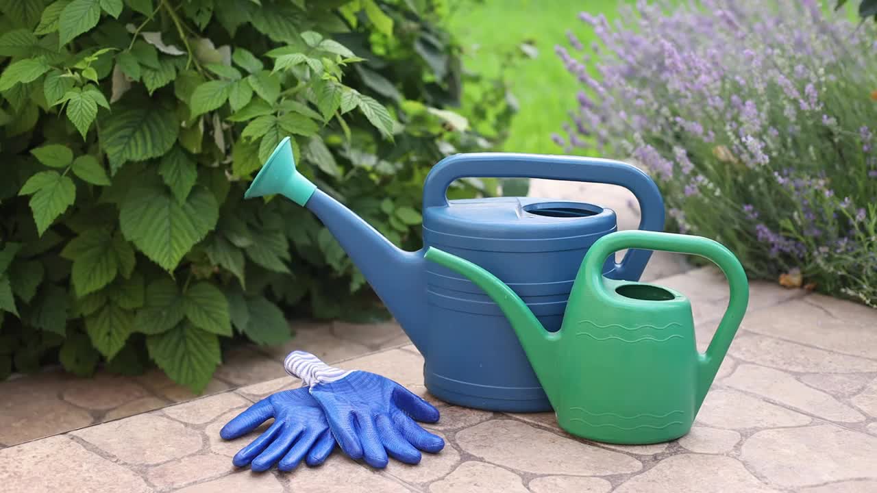 大的和小的浇水罐与橡胶手套的园艺。园丁的集合。夏季是乡间浇水和养草的季节。视频下载