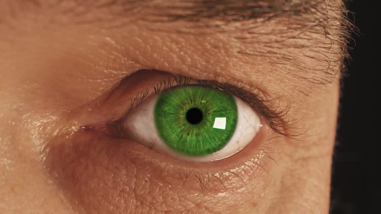 极端特写镜头。这个人的眼睛是绿色的。视频下载