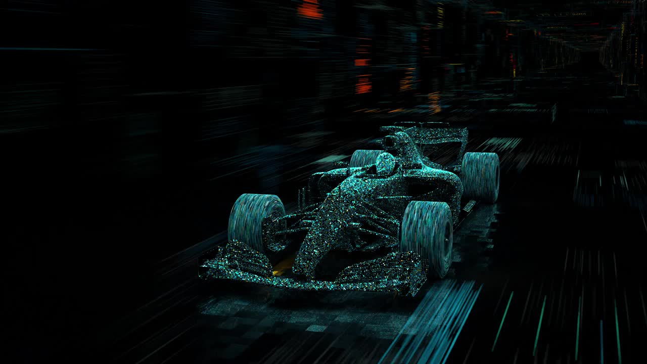 数字一级方程式赛车沿着未来隧道与霓虹灯线超速-高质量的3d动画视频素材