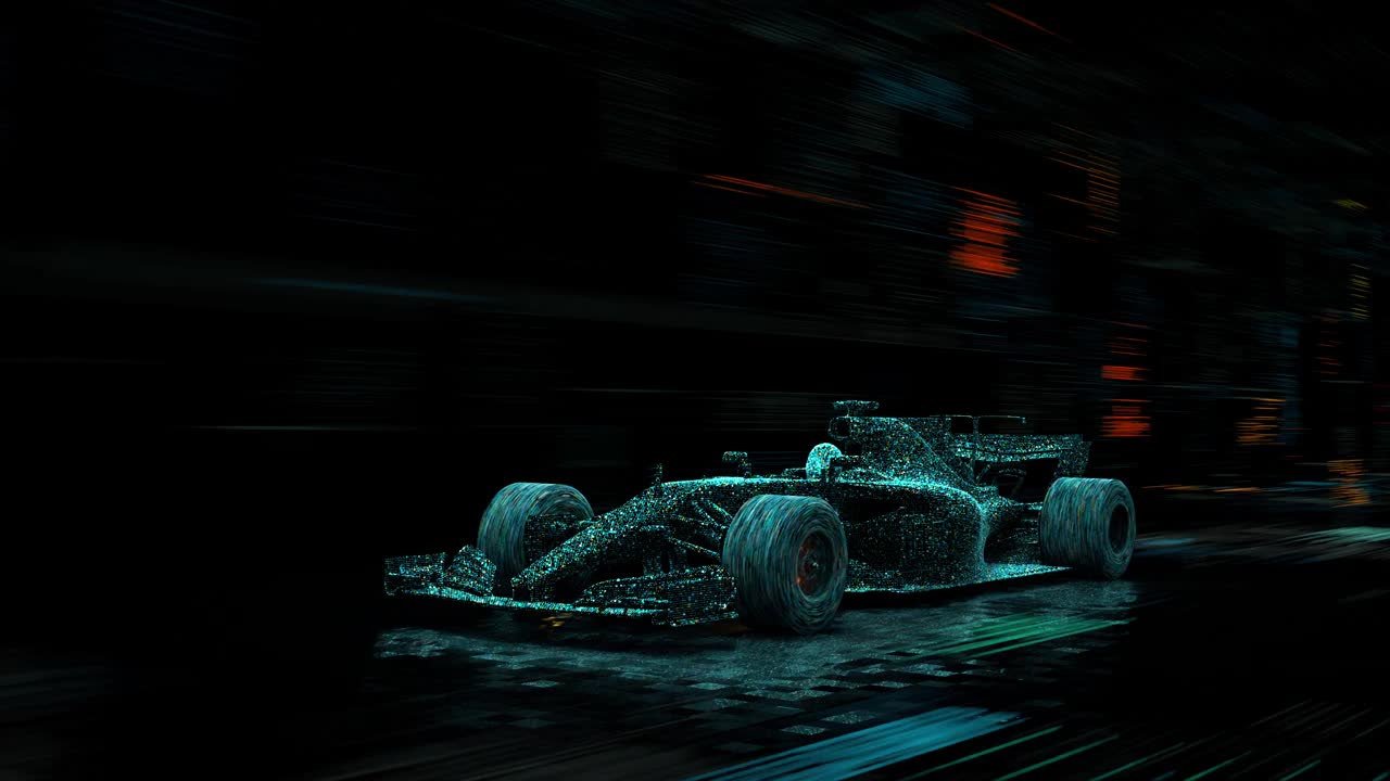赛车的全息三维模型——由发光的霓虹灯数字点组成的赛车在隧道中高速行驶。视频素材