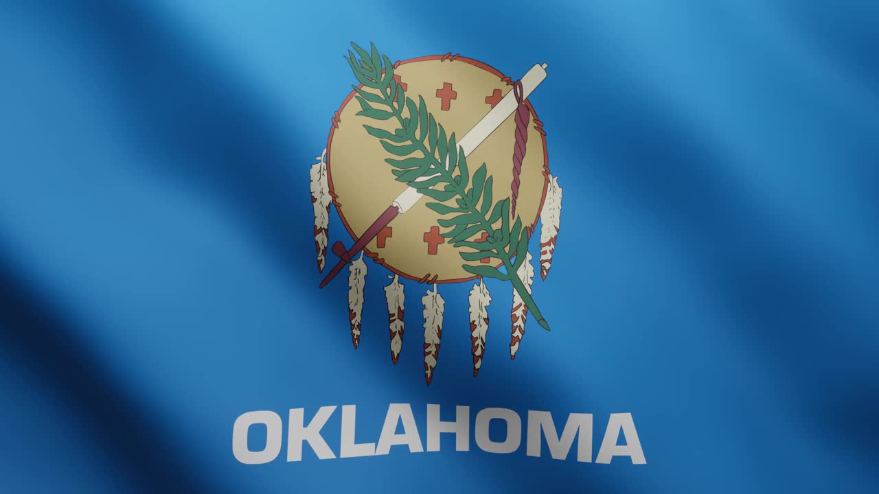 3d俄克拉荷马州的国旗在微风的背景中飘扬。以逼真的方式循环的4K动画视频剪辑视频素材