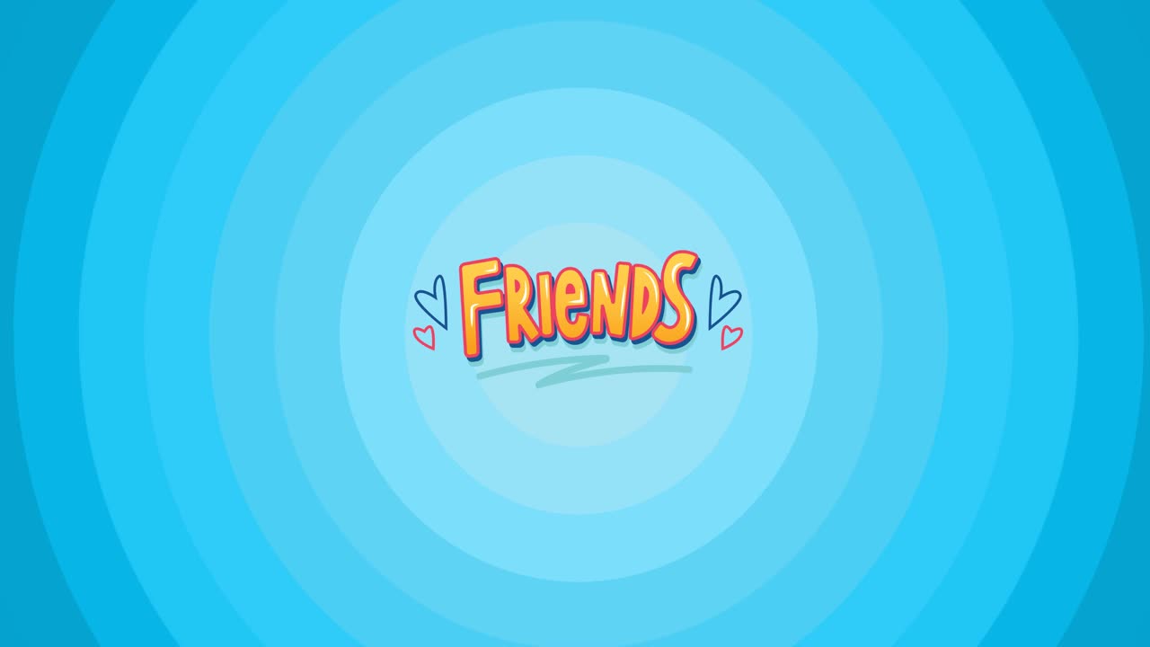 动画的朋友文字与心在多个蓝色圆圈的背景视频下载