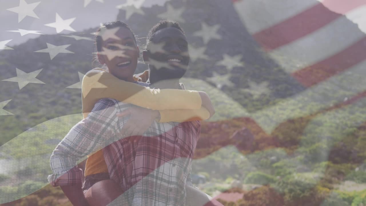 美国国旗和五彩纸屑在情侣拥抱上移动的动画视频下载