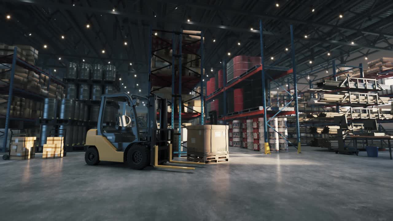 巨大的配送仓库，有高高的货架和装载机。视频素材
