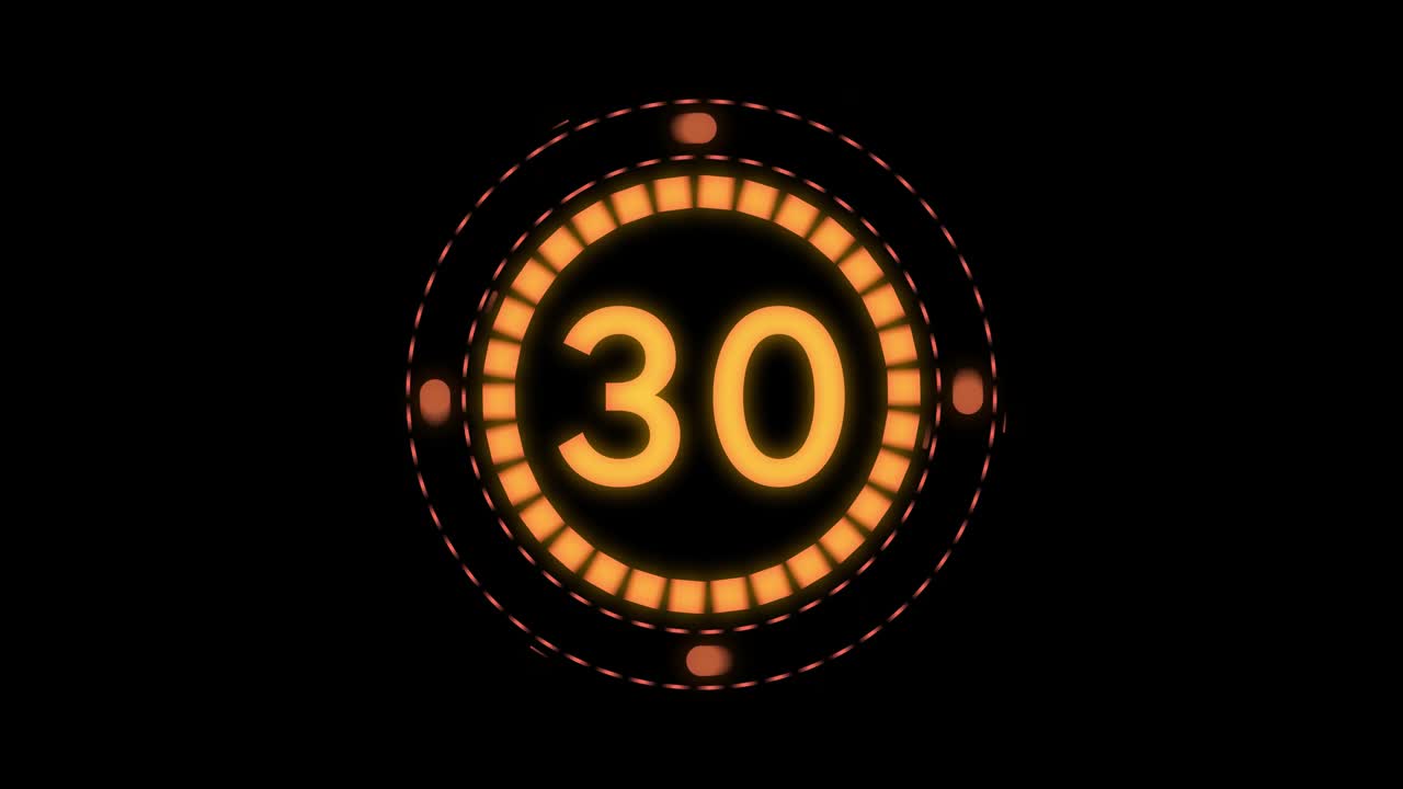 30秒到零(30-0)未来的数字倒计时计时器旋转圈，没有背景视频下载