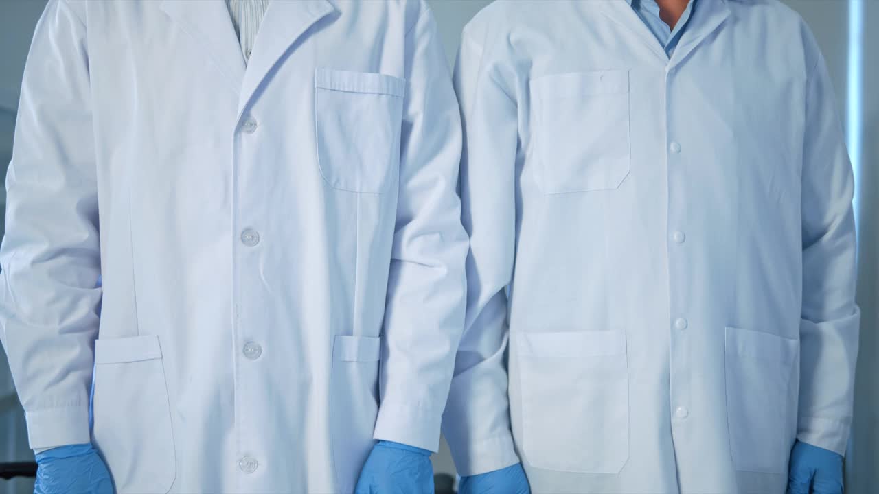 两位亚洲科学家博士戴着口罩双臂交叉看着实验室里的摄像机视频下载
