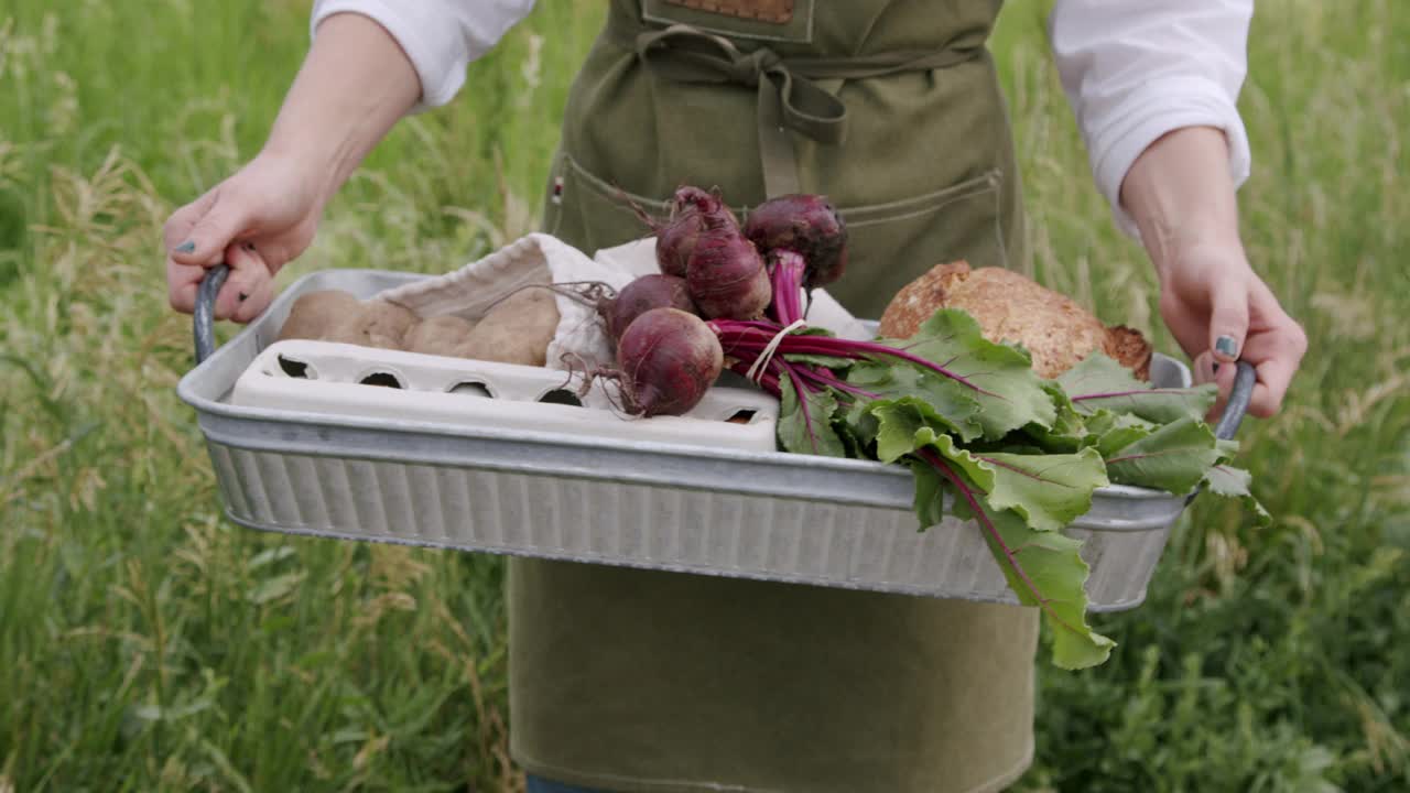 一名年轻的白人妇女在科罗拉多州当地一家小型企业农场到餐桌的供应商手里拿着一篮美味、健康的有机农产品视频下载