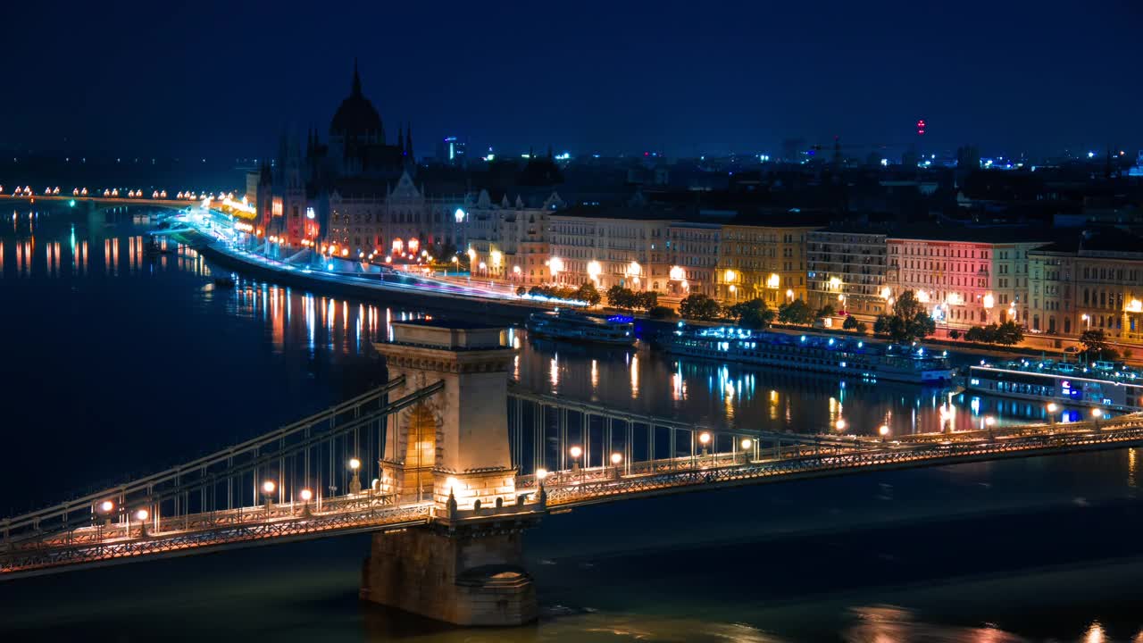 匈牙利匈牙利，布达佩斯与斯切尼链桥和匈牙利议会大厦的延时视图视频下载