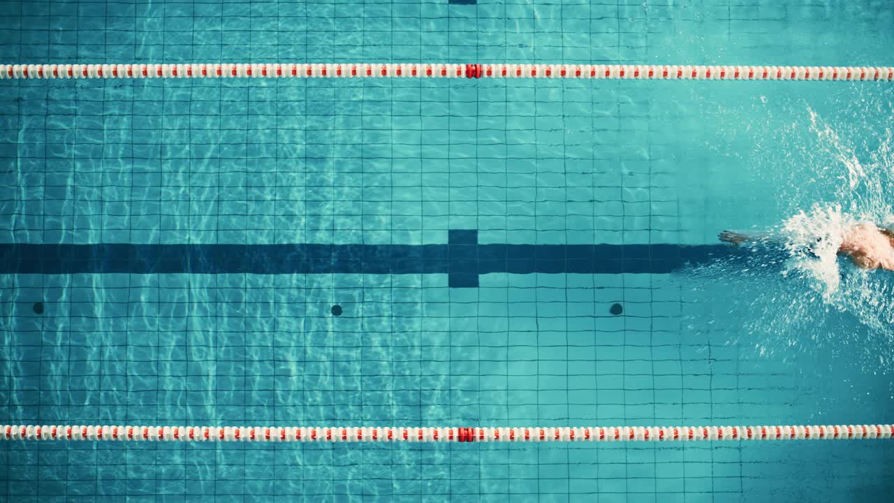 鸟瞰图男性游泳运动员在游泳池游泳。职业运动员为锦标赛进行训练，采用自由泳，自由泳技术。电影宽慢动作跟踪镜头视频素材